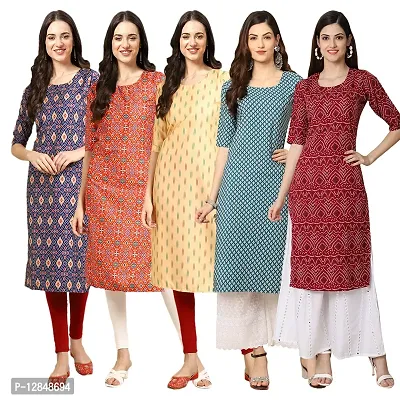 Straight Multicoloured Printed Crepe Kurta Pack Of 5