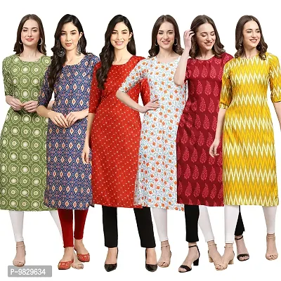 Women Crepe Digital Printed Straight Kurti  Pack of 6