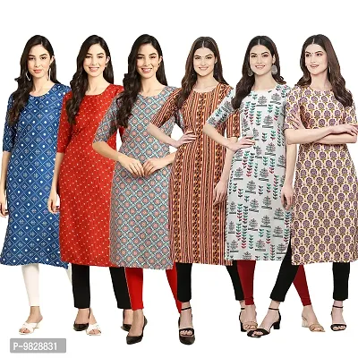 Women Crepe Digital Printed Straight Kurti  Pack of 6