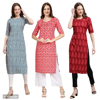 Women Crepe Digital Printed Straight Kurti  Pack of 3