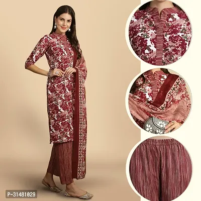 Stylish Maroon Cotton Blend Printed Kurta, Bottom and Dupatta Set For Women-thumb0