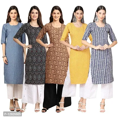 Women Crepe Digital Printed Straight Kurti { Pack of 5 }-thumb0