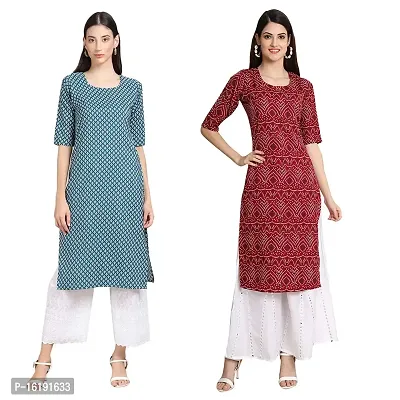 Fashionable Straight Multicoloured Printed Crepe Kurta For Women Combo Pack Of 2-thumb0