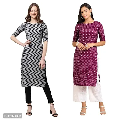 Straight Multicoloured Printed Crepe Kurta Pack Of 2