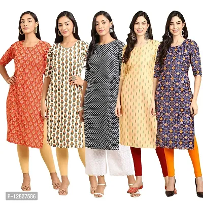 Attractive Straight Multicoloured Printed Crepe Kurta Combo For Women Pack Of 5