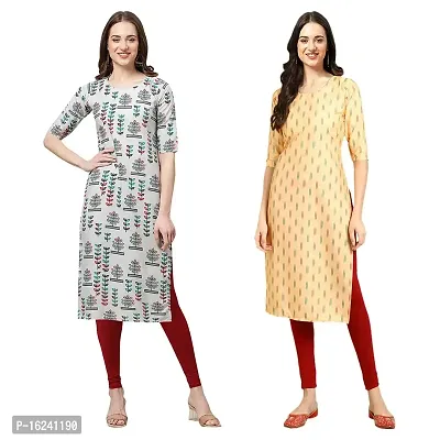 Stylish Straight Multicoloured Printed Crepe Kurta For Women Combo Pack Of 2