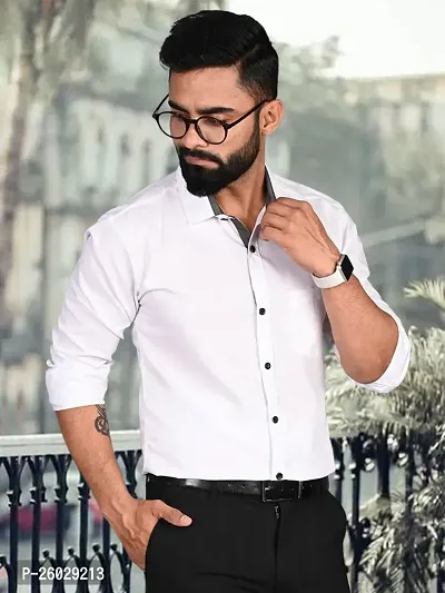Men Stylish White Cotton Solid Long Sleeve Semi Formal Shirt-thumb3