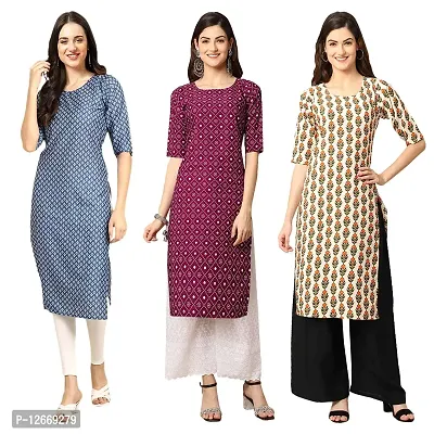 Women Crepe Digital Printed Straight Kurti  Pack of 3