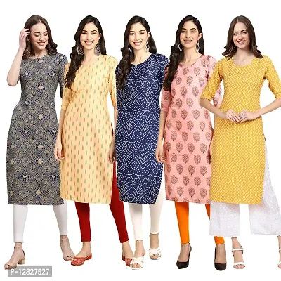 Attractive Straight Multicoloured Printed Crepe Kurta Combo For Women Pack Of 5