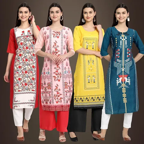 Elegant Crepe Printed Straight 3/4 Sleeves Kurta Pack Of 4