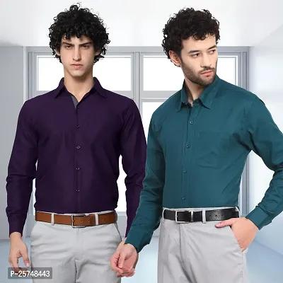 Stylish Cotton Multicoloured Solid Long Sleeves Fornal Shirt For Men Pack Of 2-thumb0