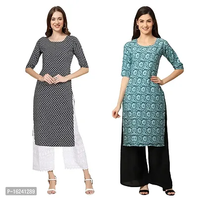 Stylish Straight Multicoloured Printed Crepe Kurta For Women Combo Pack Of 2