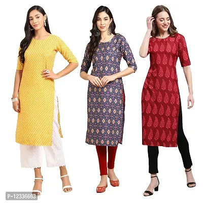 Elite Crepe Printed Straight Stitched Kurta For Women- Pack Of 3