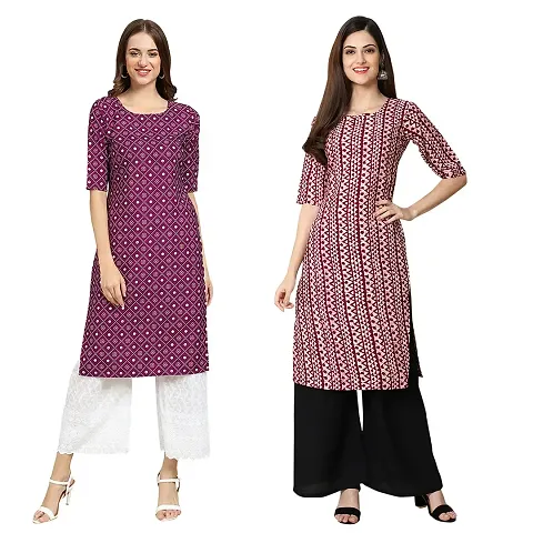 Pack Of 2- Crepe Printed Straight Kurtis