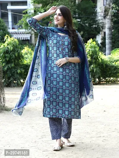 Stylish Blue Cotton Printed Kurta Bottom and Dupatta Set For Women-thumb3