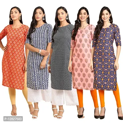 Attractive Straight Multicoloured Printed Crepe Kurta Combo For Women Pack Of 5