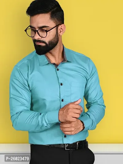 Reliable Turquoise Cotton Solid Long Sleeve Formal Shirts For Men-thumb3