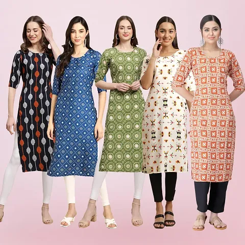 Stylish Crepe Printed Straight Kurti - Pack Of 5