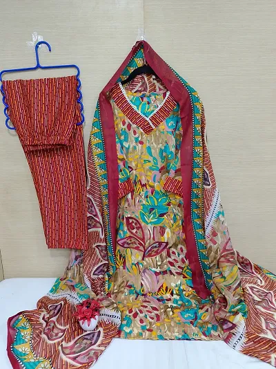 Stylish Cotton Printed Kurta Bottom Dupatta Set