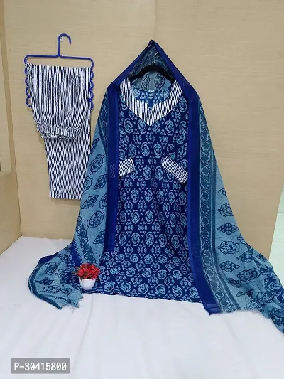 Beautiful Cotton Navy Blue Printed Kurta Pant And Dupatta Set For Women