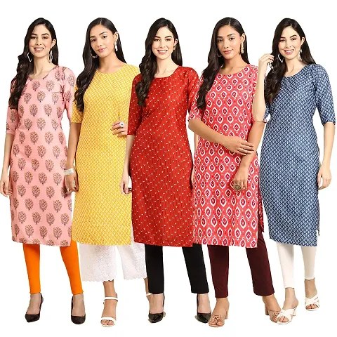 Stylish Fancy Crepe Digital Straight Kurti Combo For Women Pack Of 5