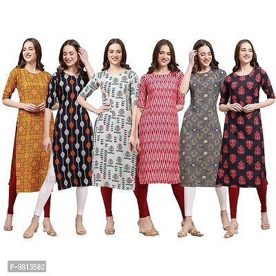 Women Crepe Digital Printed Straight Kurti  Pack of 6