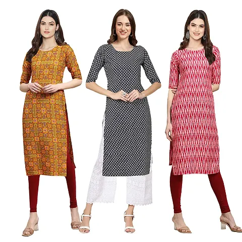 Reliable Crepe Digital Straight Kurta For Women- Pack Of 3