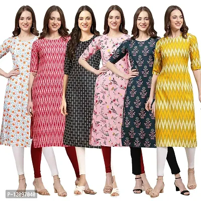 Women Crepe Digital Printed Straight Kurti  Pack of 6