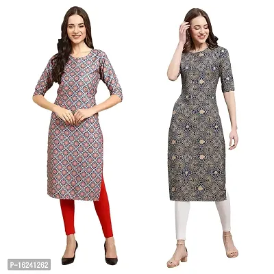 Stylish Straight Multicoloured Printed Crepe Kurta For Women Combo Pack Of 2