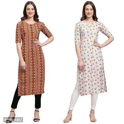 Stylish Straight Multicoloured Printed Crepe Kurta For Women Combo Pack Of 2