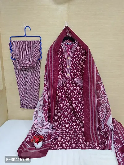 Beautiful Cotton Maroon Printed Kurta Pant And Dupatta Set For Women