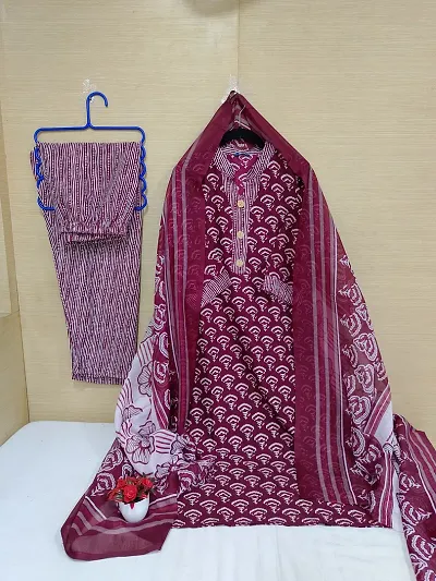 Stylish Cotton Printed Kurta Bottom Dupatta Set