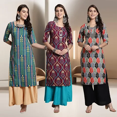 Fancy Crepe Multicoloured A-Line Kurtis - Pack Of 3