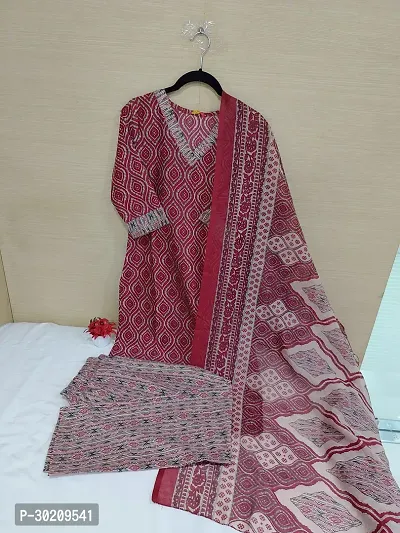 Elegant Cotton Printed Kurta with Pant And Dupatta Set For Women-thumb0