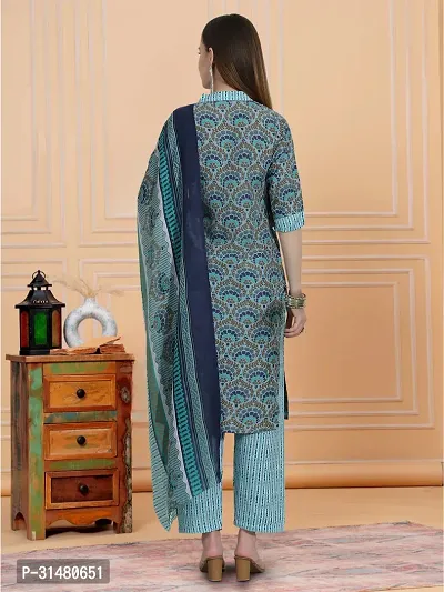 Stylish Teal Cotton Blend Printed Kurta, Bottom and Dupatta Set For Women-thumb2