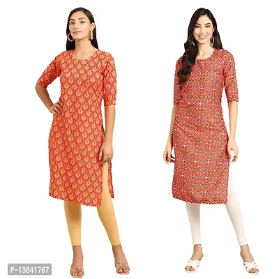 Stylish Straight Multicoloured Printed Crepe Kurta For Women Combo Pack Of 2