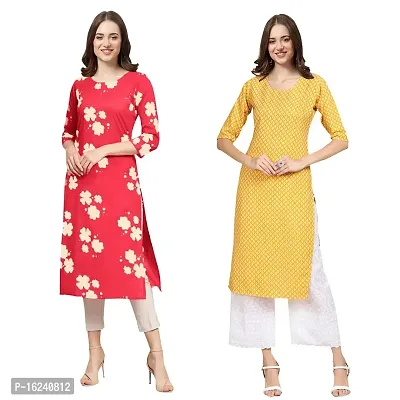 Stylish Straight Multicoloured Printed Crepe Kurta For Women Combo Pack Of 2