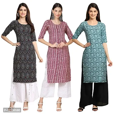 Elite Crepe Printed Straight Stitched Kurta For Women- Pack Of 3