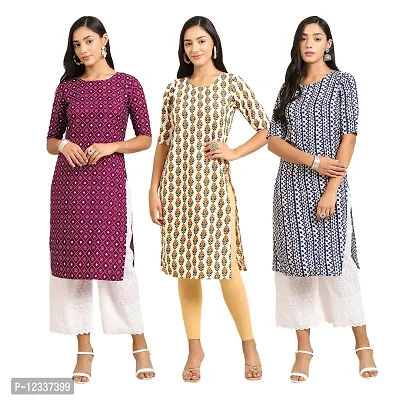 Elite Crepe Printed Straight Stitched Kurta For Women- Pack Of 3