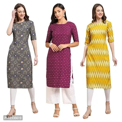 Elite Crepe Printed Straight Stitched Kurta For Women- Pack Of 3