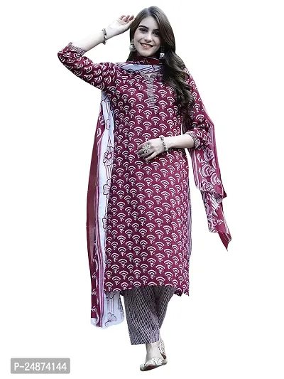 Stylish Cotton A-Line Maroon Printed Kurta, Bottom and Dupatta Set For Women-thumb0