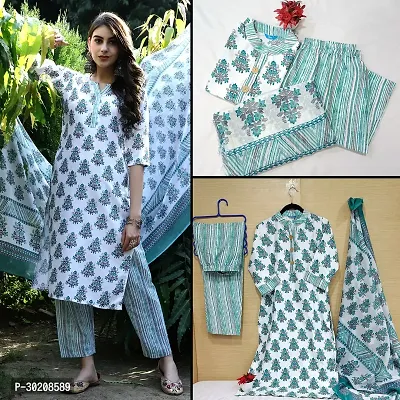 Elegant Cotton Printed Kurta with Pant And Dupatta Set For Women-thumb0