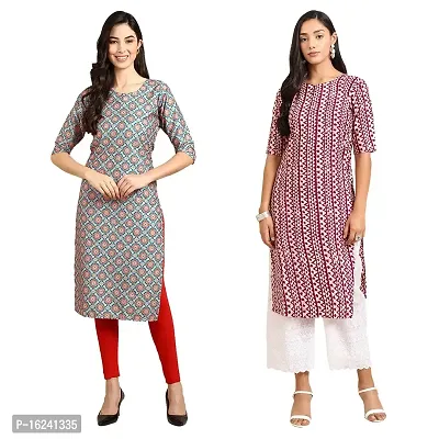 Stylish Straight Multicoloured Printed Crepe Kurta For Women Combo Pack Of 2