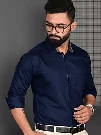 Reliable Navy Blue Cotton Solid Long Sleeve Formal Shirts For Men-thumb4