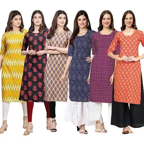 Women Crepe Digital Printed Straight Kurti  Pack of 6