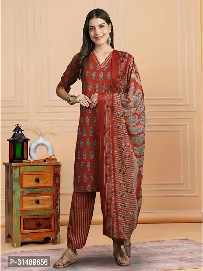 Stylish Red Cotton Blend Printed Kurta, Bottom and Dupatta Set For Women