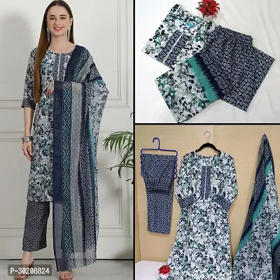 Elegant Cotton Printed Kurta with Pant And Dupatta Set For Women-thumb0