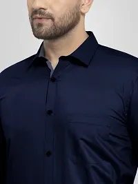 Men Stylish Navy Blue Cotton Solid Long Sleeve Semi Formal Shirt-thumb3