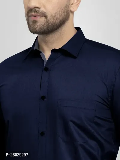 Men Stylish Navy Blue Cotton Solid Long Sleeve Semi Formal Shirt-thumb4