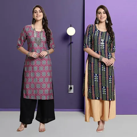 Stylish Crepe A-Line Printed Kurti - Pack of 2